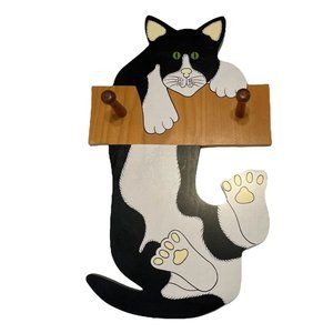 Vtg 80s NCE hanging black white tabbie Cat hanging Coat Hanger Green Eye Wood